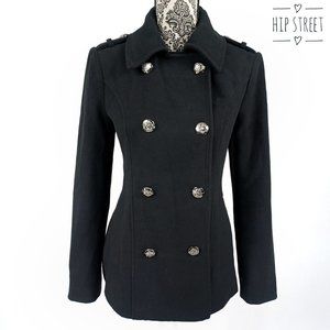 Forever 21 Elegant Black Pea Coat with Silver Buttons
